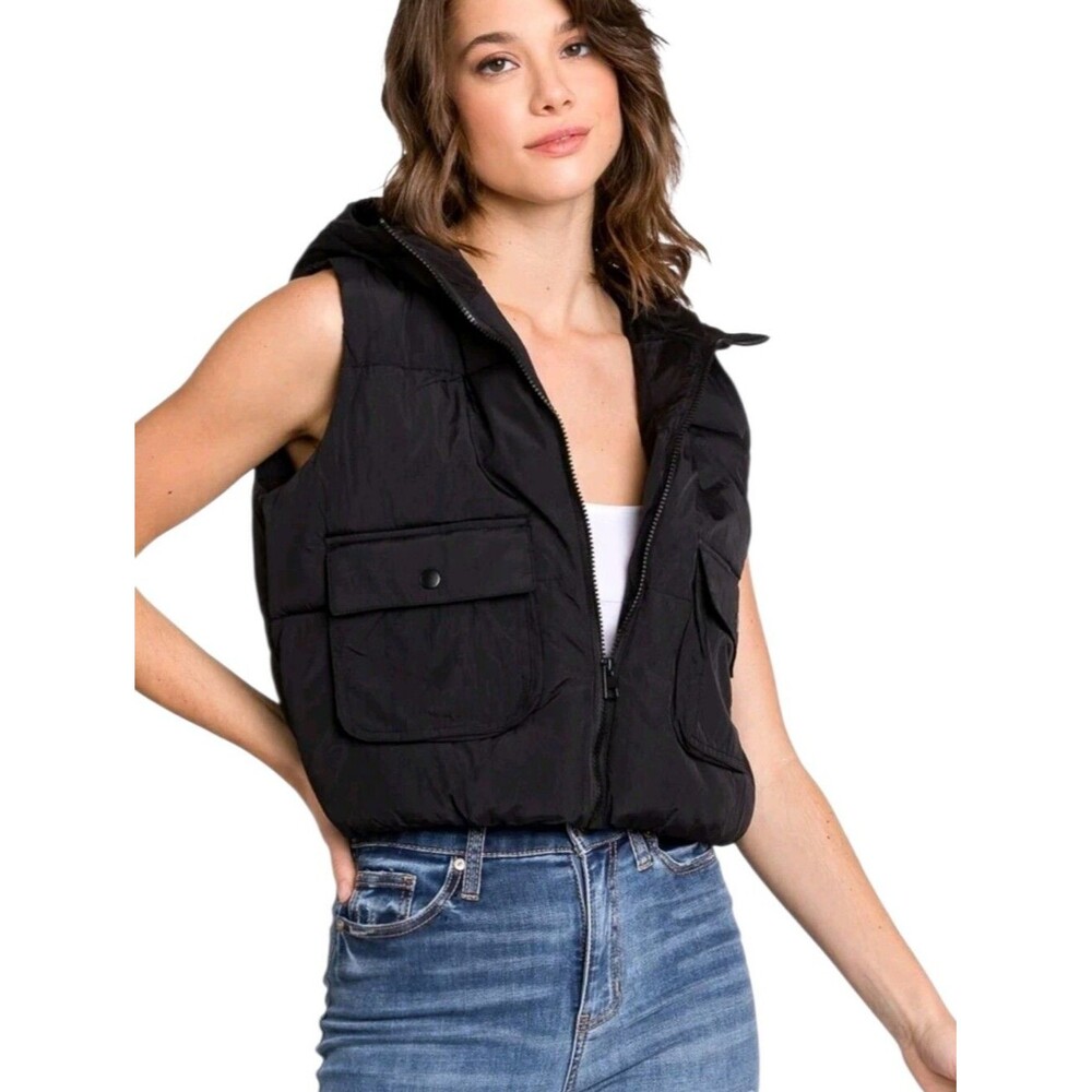 Love Tree Black Cropped Hooded Puffer Vest Utility Pocket Zip Front Small